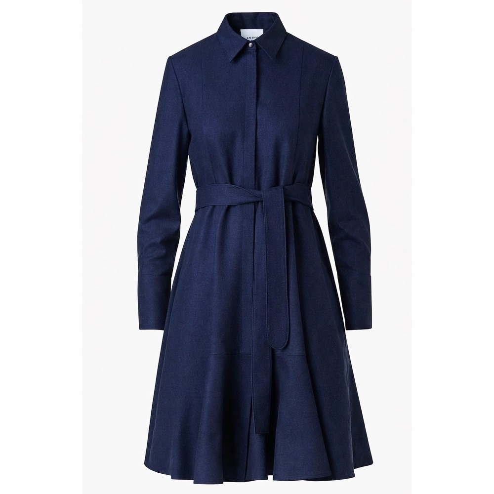 Akris punto Virgin Wool Belted Knee-Length Shirtdress Navy Sz 6 $2399 Modest Lux